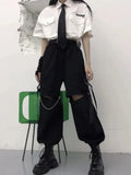 Gothic Streetwear Women's Cargo Pants with Chain Punk Techwear Black Oversize Korean Fashion Wide Leg Trousers 2021