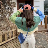 Fongt Splicing Short Head Sweater Female Spring And Autumn Korean Soft Waxy Show Thin Age Reduction Sweet Sweater Long Sleeve Jacket-Outfit