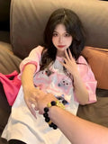 Pink Raglan Sleeves Cute Star Cat Print T Shirts Cartoon Kawaii Tee Summer Cotton O-neck Y2K Top Harajuku Loose