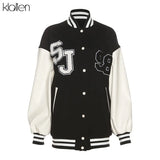 Autumn Casual Loose PU Leather Patchwork Letter Single Breasted Coat For Women 2021 New Street Sportswear Jacket