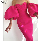 Women Elegant Dress Lantern Sleeve Casual Strawberry Print Sexy Off Shoulder Party Mid Calf Dress 2021 Summer