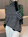 Women's Turtleneck Sweater 2023 Winter Printted Elegant Top Casual Loose Warm Office Black and White Oversize Pullover for Women-Outfit