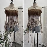 Fongt Shot Shoulder Cross Hanging Neck Knitting Mesh Yarn Coat Irregular Ribbon Horn Long-Sleeved T-Shirt 1101