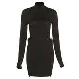 Decoration Bodycon Long Sleeve Turtleneck Streetwear Knitted Stitching Mini Dress Women Hipster