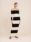 Fongt Women's Fashion Elegant Shoulder-To-Shoulder Knitted Blouse Striped Shoulder-Long Dress