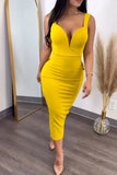 Party Casual Women's Dress Solid Color Hip Wrap Open Back Deep V Bow Elastic Split Ruffle Edge Sling Dress-Outfit