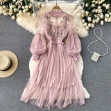 Women's Maxi Dress Elegant Flower Mesh Party Dresses Vestidos Fashion Lantern Sleeve Woman Long Robe Two Piece Sets