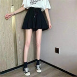 Summer Shorts Skirts Women Elastic High Waist Casual Wide Leg Shorts Korean A Line Mini Skirt Oversized Black Short Pants-Outfit
