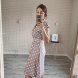 Casual A line Dot Printing V neck Lace Turn Down Collar Off the shoulder Mid Dress Pink2021 New Fashion Sexy Summer