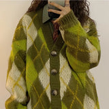 Fongt 2023 New Autumn Winter Loose Green Diamond Sweater Cardigan Coat Thick Lazy Sweater Women-Outfit