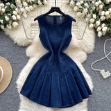 Fongt Small Fashion Sleeker-Less Round-Necked Denim Dress Women's Summer Waists Thin Temperament 100-Folded Vest Dress