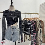 Real Shooting Front Double-Layer Tie-Dye Printing Mesh Long-Sleeved Top Short High-Waisted T-Shirt T-Shirt