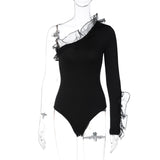 Ruffles Solid One Shoulder Long Sleeve Patchwork Sexy Bodycon Bodysuit Fall Women Party Romper Halloween Costumes-Outfit