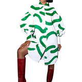 Fongt New Long-Sleeved Print Bubble Sleeves Loose Large-Size Shirt Dress Dress