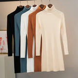 Casual Slim Warm Pit Knitted Sweater Long Sleeve Turtleneck Solid High Street Mini Party Dress 2021 Winter Fashion
