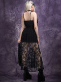 Dark Lace Transprent High Split A-line Dresses Gothic Spaghetti Strap Women Midi Dress Grunge Aesthetic Summer