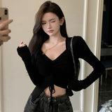 Spring Retro Autumn All-Match Sweet V-Neck Long-Sleeved Cute Drawstring Design Exposed Navel Short Style Casual Top-Outfit