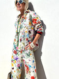 Fongt Women's New Printed Set Casual Trouser Shirt Fashion Top 3023