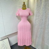 Fongt New Elegant Round Neck Nails Hollow Slimming Temperament Short-Sleeved Knitted Dress Woman