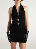 2025 Spring New Fashion Temperament Hanging Neck Deep V Bare Back To The Waist Thin Pocket Splicing High-Sense Dress