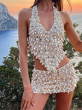 Fongt Neck Skirt Two Sets 2025 Summer New Women's Clothing Sexy Hanging Neck Half Skirt Set Shell Decoration