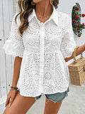 Fongt Summer New Collar Hollow Embroidered Women's Short-Sleeved Shirt French Casual Personality Niche Top