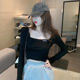 Fongt Square Collar Embroidered Long-Sleeved T-Shirt Women's Fall 2024 Versatile Slim Short Crop Bottom Shirt Slim