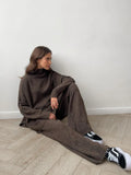 Fongt High-Neck Open Fork Wool Sweater Set Women's Loose Casual Lazy Knitting Trousers Two-Piece