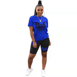 Summer New PINK Letter Print Short Sleeves Tshirt + Biker Shorts Sets Casual Two Piece Women Fashion Outfit