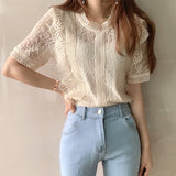 Fongt Top Retro Women's Summer 2025 New Lace Lace Hollow Shirt Temperament Slim Chic Short-Sleeved