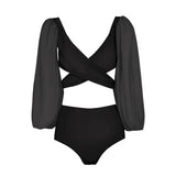 High-Waisted Split Long-Sleeved Swimsuit Women 2025 New Sexy Dew Back Cross-Tie With Deep V