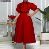 Long Summer Dress African Dresses For Women 2022 Elegant Bow tie Abaya Robe Longue Femme Casual Vestidos Short Sleeve