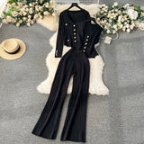 Fongt Feel Set 2025 Spring Women's Metal Buckle Vest Knitted Open-Shirt Broad Leg Pants Fashion Three-Piece Set