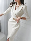 Fongt Able Temperament Dress 2025 New Korean Style V Collar Mid-Pack Hip Bottom Dress