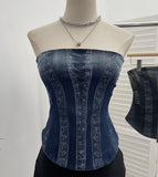 Fongt Denim Print Strap-On Corset Tsets Tsets Tsets Tsets Sleeveless Short Tops