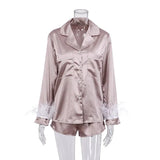 Satin Women Pajamas 2 Piece Set Sleepwear with Feather Cuff Soft Elgant Pajamas Women Nightgown Luxury Ladies'