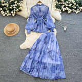 Fongt Temperament Two Sets Of Female High-Grade Style Straps To The Waist Lantern Sleeve Print Chiffon Top + High Waist Skirt