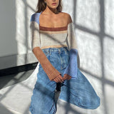 Long Sleeve Hollow Out Women's Crop Top Y2K Autumn Patchwork Female Pullover Color-Matching Casual Sweet Lady