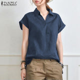 Summer Elegant Lapel Neck Solid Blouse Women Short Sleeve Solid Cotton Tops Casual Loose Blusas OL Work Shirt Oversize 703-1-Outfit