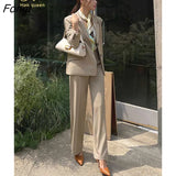 Han Queen Autumn Winter Occupation 2-Piece Suits Women Elegant Fashion Lace-Up Suit Jacket & Simple Pants Korean OL Casual