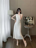 Fongt Elegant Sleeveless Round-Necked Pearl Knitted Long Dress Summer New High-End Simple Dress