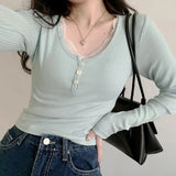 New Spice Girl Style Round Collar Single-Breasted Lace Stitched Pure Long-Sleeved Knitted Blouse-Outfit