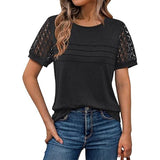 Fongt New Women's Round Collar Casual T Overalls Solid Color Lace Sleeve Top