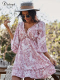 Beach Boho Summer Dress For Women 2022 Elegant V Neck Ruffle Printed A-Line High Waist Dress Sexy Holiday Female