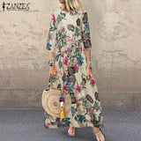 Autumn 3/4 Sleeve Polka Dot Printed Long Dress Vintage Women's Cotton Linen Dresses Female Kaftan Vestido Femme