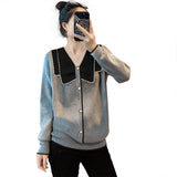 Clothing Korean Solid Color Sweaters Casual V-Neck Sweet Bow Patchwork 2023 Autumn Button Commute Loose Knitted Jumpers-Outfit