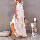 Fongt Summer New Holiday Wind Lotus Leaf Side Long Dress Swing Flowing Beach Dress Woman