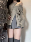 Simple Off Shoulder Slim Fit Knitted Pullover+ Y2k E-Girl High Waist Ruched Skirts 2024 Autumn New Two Piece Sets-Outfit