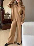 Women Knitted Suit Warm Solid Split Pullovers and Wide Pants Two-piece Suit Female Half Turtleneck Oversize Tracksuit-Outfit