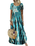 Fongt Summer Dress Wish Round Collar Short Sleeve Tie-Dye Print Skirt Big-Outfit